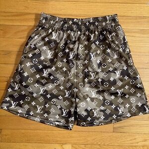 Asylum Men's Medium Athletic Shorts Green Camo LV Monogram Logo Print